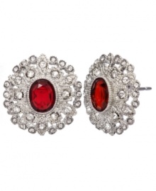 Stunning in scarlet. Featuring crimson-colored resin surrounded by sparkling crystals and glass accents, Monet's button stud earrings make a glamorous impact. Set in silver tone mixed metal. Approximate diameter: 3/4 inch. Stunning in scarlet. Featuring crimson-colored resin surrounded by sparkling crystals and glass accents, Monet's button stud earrings make a glamorous impact. Set in silver tone mixed metal. Approximate diameter: 3/4 inch.