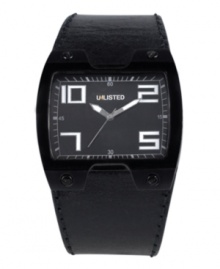 Masculine, modern and made for you. Watch by Unlisted crafted of black leather strap and rectangular gunmetal ion-plated mixed metal case with lugs at four corners. Black dial features large numerals at two, five, seven and ten o'clock, minute track, three hands and logo. Quartz movement. Splash resistant. Two-year limited warranty. Masculine, modern and made for you. Watch by Unlisted crafted of black leather strap and rectangular gunmetal ion-plated mixed metal case with lugs at four corners. Black dial features large numerals at two, five, seven and ten o'clock, minute track, three hands and logo. Quartz movement. Splash resistant. Two-year limited warranty.