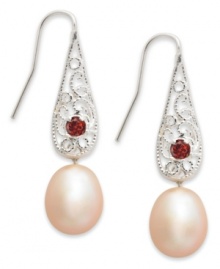 Perfection in peach. Sterling-silver drop earrings exude style with peach-colored cultured freshwater pearls (8-9 mm) and round-cut garnets (1/6 ct. t.w.). Approximate drop: 1-1/2 inches.