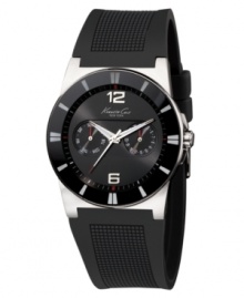 Modern, confident style by Kenneth Cole New York. This watch features a black polyurethane strap and stainless steel round case. Stick indices at bezel. Black dial with logo, numerals at twelve o'clock and six o'clock, and two subdials. Amalog movement. Water resistant to 30 meters. Limited lifetime warranty.