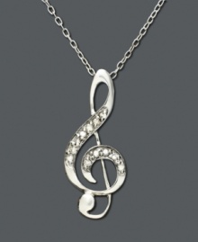 Give the gift of musical inspiration with this lyrical masterpiece. Pendant features a scrolling sterling silver music note encrusted with diamonds (1/10 ct. t.w.). Approximate length: 18 inches. Approximate drop: 1 inch.