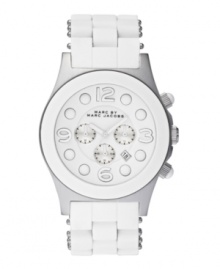 Clean and contemporary. Marc by Marc Jacobs lends his distinctive touch to this crisp watch. White silicone-wrapped stainless steel bracelet and round stainless steel case with white bezel. White chronograph dial features applied numerals at twelve, three, six and nine o'clock, dot markers, date window, three subdials, three hands and logo. Quartz movement. Water resistant to 50 meters. Two-year limited warranty. Clean and contemporary. Marc by Marc Jacobs lends his distinctive touch to this crisp watch. White silicone-wrapped stainless steel bracelet and round stainless steel case with white bezel. White chronograph dial features applied numerals at twelve, three, six and nine o'clock, dot markers, date window, three subdials, three hands and logo. Quartz movement. Water resistant to 50 meters. Two-year limited warranty.