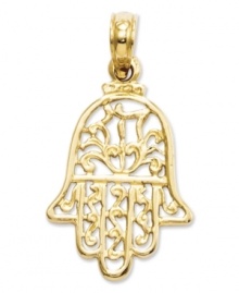 Religiously symbolic across many cultures, this beautiful filigree Hamsa makes a charming addition to your collection. Crafted in 14k gold. Chain not included. Approximate length: 9/10 inch. Approximate width: 1/2 inch.