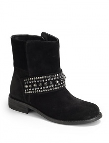 THE LOOKRounded toeRich suede upperStudded top strap at vampPull-on stylePadded insoleStacked heel, 1 (25mm)THE MATERIALSuede upperMan-made lining and soleORIGINImported THE LOOKRounded toeRich suede upperStudded top strap at vampPull-on stylePadded insoleStacked heel, 1 (25mm)THE MATERIALSuede upperMan-made lining and soleORIGINImported