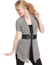 Layer on the stripes with this asymmetrical cardi that comes with a belt, plus an attached cami! From BCX. Layer on the stripes with this asymmetrical cardi that comes with a belt, plus an attached cami! From BCX.