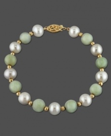 Two timeless wonders combine with grace in this 14k gold bracelet, featuring jade (8 mm) beads and cultured freshwater pearls (8 - 8-1/2 mm). Approximate length: 7-1/2 inches. Two timeless wonders combine with grace in this 14k gold bracelet, featuring jade (8 mm) beads and cultured freshwater pearls (8 - 8-1/2 mm). Approximate length: 7-1/2 inches.