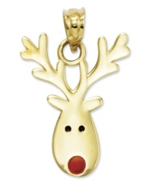 Get in the spirit with this playful reindeer head charm! Crafted in 14k gold, charm features black enamel eyes and a red enamel nose just like Rudolph! Chain not included. Approximate length: 8/10 inch. Approximate width: 3/5 inch.