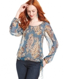 Add sheer lightness to your fall look with this Lucky Brand Jeans paisley-print chiffon blouse -- perfectly paired with your fave denim! Add sheer lightness to your fall look with this Lucky Brand Jeans paisley-print chiffon blouse -- perfectly paired with your fave denim!
