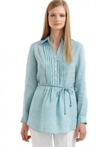 THE LOOKShirt collarFront button closureLong button cuff sleeves Pleated placketBraided tie beltSide seam pocketsShirttail hemPleated backTHE FITAbout 27 longTHE MATERIALLinenCARE & ORIGINMachine washImportedModel shown is 5'10 (177cm) wearing US size 4. THE LOOKShirt collarFront button closureLong button cuff sleeves Pleated placketBraided tie beltSide seam pocketsShirttail hemPleated backTHE FITAbout 27 longTHE MATERIALLinenCARE & ORIGINMachine washImportedModel shown is 5'10 (177cm) wearing US size 4.