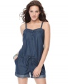 In a chambray denim, this Freestyle romper is perfectly paired with platform wedges for a relaxed spring look!