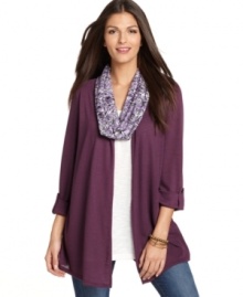 Elementz cuddles in the cutest faux cardigan with an attached inset tee and scarf for effortless wear-now layering. Elementz cuddles in the cutest faux cardigan with an attached inset tee and scarf for effortless wear-now layering.