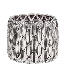 Stylish, oversize cuff in silver-plated metal - Elegant, all-over diamond motif - Triangular Swarovski crystal inlay on either side - Elasticated, with small, circular designer tag pendant - Simple yet sophisticated, an enviably eye-catching accessory - Pair with a pencil skirt and silk blouse by day, and style with a streamlined cocktail dress at night Stylish, oversize cuff in silver-plated metal - Elegant, all-over diamond motif - Triangular Swarovski crystal inlay on either side - Elasticated, with small, circular designer tag pendant - Simple yet sophisticated, an enviably eye-catching accessory - Pair with a pencil skirt and silk blouse by day, and style with a streamlined cocktail dress at night