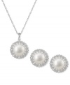 Classic chic is in abundance in this sterling silver necklace and earrings set. Cultured freshwater pearls (9-9-1/2 mm) are offset by round-cut white topaz (3/8 ct. t.w.) for a refined elegant look. Approximate length: 18 inches. Approximate drop: 5/8 inch. Approximate drop: 1/2 inch.