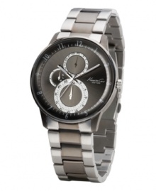 Striped to perfection. Two-tone gunmetal ion-plated bracelet and stainless steel case. Patterned gunmetal dial with multifunction subdials including day, date and 24-hour features. Three-hand, quartz movement. Water resistant to 30 meters. Striped to perfection. Two-tone gunmetal ion-plated bracelet and stainless steel case. Patterned gunmetal dial with multifunction subdials including day, date and 24-hour features. Three-hand, quartz movement. Water resistant to 30 meters.