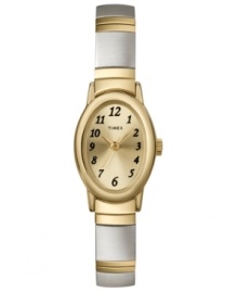 Sleek and elegance, this Timex watch features a goldtone and silvertone stainless steel bracelet and oval mixed metal case. Goldtone dial with black numerals and logo. Analog movement. One-year limited warranty. Sleek and elegance, this Timex watch features a goldtone and silvertone stainless steel bracelet and oval mixed metal case. Goldtone dial with black numerals and logo. Analog movement. One-year limited warranty.