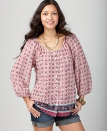 A world-inspired print on breezy cotton lends a relaxed vibe to this Lucky Brand Jeans top. Pair it with your favorite jeans and boots for bohemian style! A world-inspired print on breezy cotton lends a relaxed vibe to this Lucky Brand Jeans top. Pair it with your favorite jeans and boots for bohemian style!