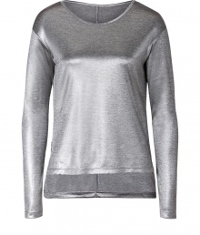 Add instant Downtown-ready cool to any look with this metallic top from J Brand - Round neck, long sleeves, asymmetric high-low hem - Loosely fitted - Style with skinny jeans, a distressed denim vest, and ankle boots Add instant Downtown-ready cool to any look with this metallic top from J Brand - Round neck, long sleeves, asymmetric high-low hem - Loosely fitted - Style with skinny jeans, a distressed denim vest, and ankle boots
