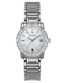Sparkling diamond accents make this beautiful Bulova watch a perfect choice. Stainless steel bracelet and case. Bezel features 24 diamond accents. White mother-of-pearl dial with logo, date window at 3 o'clock and sparkling diamond accent indexes. Quartz movement. Water resistant to 30 meters. Three-year limited warranty. Sparkling diamond accents make this beautiful Bulova watch a perfect choice. Stainless steel bracelet and case. Bezel features 24 diamond accents. White mother-of-pearl dial with logo, date window at 3 o'clock and sparkling diamond accent indexes. Quartz movement. Water resistant to 30 meters. Three-year limited warranty.