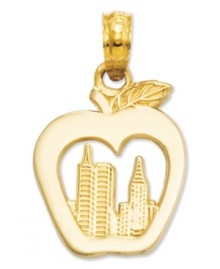 A central silhouette of the New York City skyline is nestled inside an apple, channeling the thought that this Big Apple is yours for the taking. Crafted of 14k gold. Chain not included. Approximate drop: 7/10 inch. Approximate width: 1/2 inch. A central silhouette of the New York City skyline is nestled inside an apple, channeling the thought that this Big Apple is yours for the taking. Crafted of 14k gold. Chain not included. Approximate drop: 7/10 inch. Approximate width: 1/2 inch.