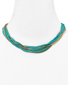 Take your jewel box in a tropical direction and opt for MICHAEL Michael Kors' turquoise torsade necklace. The cool collar punches up neutral palettes and all-black with island-inspired color. Take your jewel box in a tropical direction and opt for MICHAEL Michael Kors' turquoise torsade necklace. The cool collar punches up neutral palettes and all-black with island-inspired color.