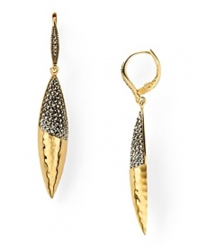 Judith Jack interprets the feather motif in striking style. This pair of thin, gold drop earrings flaunt a sculptural shape with allure-adding sparkle. Judith Jack interprets the feather motif in striking style. This pair of thin, gold drop earrings flaunt a sculptural shape with allure-adding sparkle.