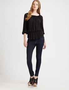 Look fabulous everyday with this chic, easy-to-wear voluminous top made of rich silk. Elasticized scoopneck can be worn off the shouldersThree-quarter length sleeves with elasticized cuffsElasticized dropped waistRuffle hemSilkDry cleanImportedModel shown is 5'10 (177cm) wearing US size Small. Look fabulous everyday with this chic, easy-to-wear voluminous top made of rich silk. Elasticized scoopneck can be worn off the shouldersThree-quarter length sleeves with elasticized cuffsElasticized dropped waistRuffle hemSilkDry cleanImportedModel shown is 5'10 (177cm) wearing US size Small.