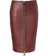Tough goes luxe with this supple zipper-detailed leather pencil skirt from Hakaan - Classic pencil silhouette, slash pocket, front two-way exposed zip closure, seaming details, fitted - Wear with a luxe pullover or silk blouse and platform pumps