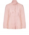 Dashing and demure, this pleat-front silk blouse from Jil Sander Navy injects old-fashioned elegance into your workweek style - Small Peter Pan collar, bracelet-length sleeves, front button placket with pleated pintucks - Tailored silhouette - Pair with cropped trousers or a figure-hugging pencil skirt
