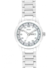 Cool, crisp white and 100% approved by Mother Earth. This eco-friendly watch by Sprout is crafted from a white corn resin bracelet and round case with mineral crystal. White pearlized corn resin bezel embossed with numerals and markers. Genuine white mother-of-pearl dial features applied nickel numerals, printed minute track, day and date window at three o'clock, nickel hour and minute hands with luminous tips, nickel sweeping second hand and logo. Quartz movement. Limited lifetime warranty. Cool, crisp white and 100% approved by Mother Earth. This eco-friendly watch by Sprout is crafted from a white corn resin bracelet and round case with mineral crystal. White pearlized corn resin bezel embossed with numerals and markers. Genuine white mother-of-pearl dial features applied nickel numerals, printed minute track, day and date window at three o'clock, nickel hour and minute hands with luminous tips, nickel sweeping second hand and logo. Quartz movement. Limited lifetime warranty.