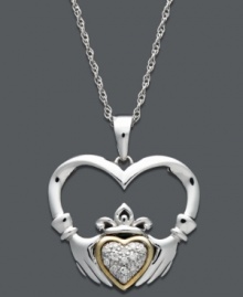 Embrace your Irish heritage. This symbolic pendant features an intricate Claddagh design crafted from sterling silver with 14k gold and sparkling diamond accents. Approximate length: 18 inches. Approximate drop: 1 inch. Embrace your Irish heritage. This symbolic pendant features an intricate Claddagh design crafted from sterling silver with 14k gold and sparkling diamond accents. Approximate length: 18 inches. Approximate drop: 1 inch.