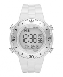 White hot style to track your white hot records on the slopes, the court and everywhere in between. Wooster watch by adidas crafted of white plastic bracelet and oval case with aluminum bezel and pushers. Positive display digital dial features black numerals displaying time, day, date and stopwatch. Quartz movement. Water resistant to 50 meters. Two-year limited warranty. White hot style to track your white hot records on the slopes, the court and everywhere in between. Wooster watch by adidas crafted of white plastic bracelet and oval case with aluminum bezel and pushers. Positive display digital dial features black numerals displaying time, day, date and stopwatch. Quartz movement. Water resistant to 50 meters. Two-year limited warranty.