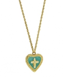 Add a layer of love and devotion. Vatican pendant features a unique way to show your faith with a heart-shaped cross design accented with a turquoise-colored enamel background. Setting, chain, and cross crafted in gold tone mixed metal. Approximate length: 18 inches. Approximate drop: 3/4 inch. Add a layer of love and devotion. Vatican pendant features a unique way to show your faith with a heart-shaped cross design accented with a turquoise-colored enamel background. Setting, chain, and cross crafted in gold tone mixed metal. Approximate length: 18 inches. Approximate drop: 3/4 inch.