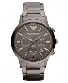 Sleek gunmetal adds industrial toughness to this classic chronograph watch from Emporio Armani.