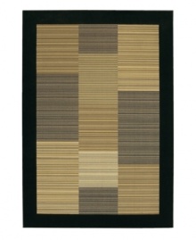 Framed in a deep black border, this dynamic piece offers a super-dense weave and a luxuriously soft finish. Power-loomed, the rug's thick pile offers one million points of yarn per square meter, achieving an ultra-fine detail and heavy hand often found in handmade rugs. With an intricate pattern of  micro-striped color blocks in beige and black hues, this rug lends stylish character to any decor.