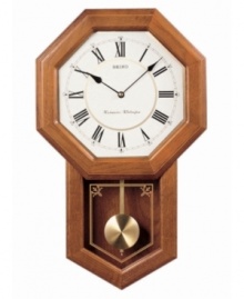 With geometric styling, this charming wall clock from Seiko is the perfect complement for any room. Solid oak case with glass window and brass pendulum. White octagonal dial with logo and roman numeral indices. Westminster/Whittington quarter-hour chime and hourly strikes. Volume control and nighttime silencer. One C battery included. Measures approximately 21-1/4 x 12-3/4 x 3-3/4 inches. With geometric styling, this charming wall clock from Seiko is the perfect complement for any room. Solid oak case with glass window and brass pendulum. White octagonal dial with logo and roman numeral indices. Westminster/Whittington quarter-hour chime and hourly strikes. Volume control and nighttime silencer. One C battery included. Measures approximately 21-1/4 x 12-3/4 x 3-3/4 inches.
