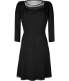 Luxe black 3/4-sleeve dress from Moschino Cheap & Chic - Get the party-perfect look in this chic frock- Draped rounded neck with sheer detail, 3/4-sleeves, flowing A-line skirt - Style with fishnets, a slim-fitting trench, and ankle strap heels