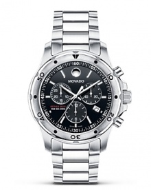 This Movado bracelet chronograph watch is crafted of solid Performance Steel™ and powered by a precise Swiss quartz chronograph movement. With rotating bezel, black dial, applied markers and butterfly deployment clasp. This Movado bracelet chronograph watch is crafted of solid Performance Steel™ and powered by a precise Swiss quartz chronograph movement. With rotating bezel, black dial, applied markers and butterfly deployment clasp.