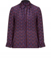 Stylish blouse of fine silk - Elegant blue and burgundy print - Very soft and comfortable to wear - Modern, slightly fitted cut with a small collar and covered button placket - Long sleeves - Trendy version of the classic blouse - A hit for a business look, evening outfit, but also casual under a  cardigan