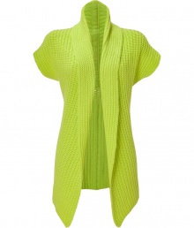 Detailed in shocking shade of kiwi, Antonia Zandes ribbed knit cashmere vest is as contemporary as it is cool - Shawl collar, open front, dolman cap sleeves, allover ribbed knit - Fitted, draped open front - Wear with a tee and jeans, or belted over a form-fitting sheath