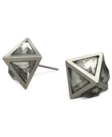 Get to the point with these sharp earrings from GUESS. The pyramid design adds sparkle with glass crystal accents. Crafted in imitation rhodium-plated mixed metal. Approximate diameter: 1/2 inch. Get to the point with these sharp earrings from GUESS. The pyramid design adds sparkle with glass crystal accents. Crafted in imitation rhodium-plated mixed metal. Approximate diameter: 1/2 inch.