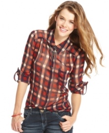 You'll look so cool in Eyeshadow's plaid button-down top! Pair the timeless-print cutie with your go-to jeans for a look that's classic yet fresh. You'll look so cool in Eyeshadow's plaid button-down top! Pair the timeless-print cutie with your go-to jeans for a look that's classic yet fresh.