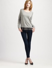 Contrasting back panel and a lace-trim hem unexpectedly update this cotton and cashmere pullover. BoatneckLong sleeves with banded cuffsBanded, lace-trim hemBack contrast panel95% cotton/5% cashmereSilk and nylon lace trimDry cleanMade in USA of imported fabricModel shown is 5'10 (177cm) wearing US size Small. Contrasting back panel and a lace-trim hem unexpectedly update this cotton and cashmere pullover. BoatneckLong sleeves with banded cuffsBanded, lace-trim hemBack contrast panel95% cotton/5% cashmereSilk and nylon lace trimDry cleanMade in USA of imported fabricModel shown is 5'10 (177cm) wearing US size Small.