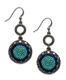 Add allure to your weekend look. These drop earrings from Style&co. bring charm with blue glitter stones on a rounded pendant. Crafted in hematite tone mixed metal. Approximate drop: 1-3/4 inches. Add allure to your weekend look. These drop earrings from Style&co. bring charm with blue glitter stones on a rounded pendant. Crafted in hematite tone mixed metal. Approximate drop: 1-3/4 inches.