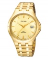 Set the standard for style with this classic watch by Pulsar. Gold tone stainless steel bracelet and round case. Champagne dial with textured inner dial features applied gold tone stick indices, minute track, date window at three o'clock, luminous hands and logo. Quartz movement. Water resistant to 50 meters. Three-year limited warranty.