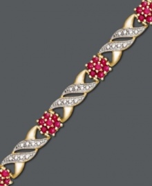 Fluid floral design adds an element of beauty to your look. Victoria Townsend bracelet features round-cut rubies (1-1/5 ct. t.w.) and rows of sparkling diamond accents in a 18k gold over sterling silver swirl setting. Approximate length: 7 inches. Fluid floral design adds an element of beauty to your look. Victoria Townsend bracelet features round-cut rubies (1-1/5 ct. t.w.) and rows of sparkling diamond accents in a 18k gold over sterling silver swirl setting. Approximate length: 7 inches.