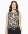 Lauren Ralph Lauren's bold equestrian pattern and chic ties at the neckline update a luxurious satin blouse.