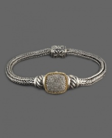 Lap up the luxury in fine style. Bracelet from Balissima by Effy Collection features sparkling round-cut diamonds (3/8 ct. t.w.) in a diamond-shaped pattern. Crafted in a filigree sterling silver setting with 18k gold accents. Approximate length: 7-3/4 inches. Approximate centerpiece width: 1/2 inch. Approximate centerpiece length: 1 inch. Lap up the luxury in fine style. Bracelet from Balissima by Effy Collection features sparkling round-cut diamonds (3/8 ct. t.w.) in a diamond-shaped pattern. Crafted in a filigree sterling silver setting with 18k gold accents. Approximate length: 7-3/4 inches. Approximate centerpiece width: 1/2 inch. Approximate centerpiece length: 1 inch.