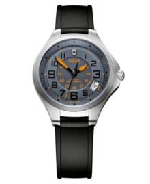 Orange accents add energy to this rugged Base Camp watch by Victorinox Swiss Army. Orange accents add energy to this rugged Base Camp watch by Victorinox Swiss Army.