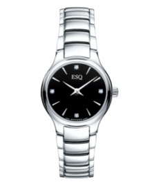 Classic tailoring with an easy-going attitude. Elan watch by ESQ by Movado crafted of stainless steel bracelet and round case. Black dial features diamond accent markers at twelve, three, six and nine o'clock, silver tone stick indices, two hands and logo. Swiss quartz movement. Water resistant to 30 meters. Two-year limited warranty. Classic tailoring with an easy-going attitude. Elan watch by ESQ by Movado crafted of stainless steel bracelet and round case. Black dial features diamond accent markers at twelve, three, six and nine o'clock, silver tone stick indices, two hands and logo. Swiss quartz movement. Water resistant to 30 meters. Two-year limited warranty.