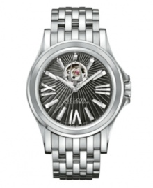 It's all in the details. Kirkwood collection watch by Bulova Accutron crafted of seven-row stainless steel bracelet and round case with clear back and curved sapphire crystal. Patterned black dial features silver tone Roman numerals and stick indices, minute track, three hands, logo and aperture view of the movement. Swiss mechanical Sellita movement. Water resistant to 100 meters. Five-year limited warranty. It's all in the details. Kirkwood collection watch by Bulova Accutron crafted of seven-row stainless steel bracelet and round case with clear back and curved sapphire crystal. Patterned black dial features silver tone Roman numerals and stick indices, minute track, three hands, logo and aperture view of the movement. Swiss mechanical Sellita movement. Water resistant to 100 meters. Five-year limited warranty.